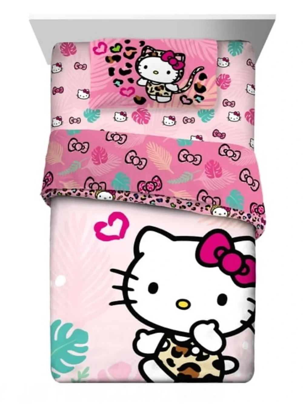 Hello Kitty Pink Tropical Leaf & Leopard Accent Kids Bedding